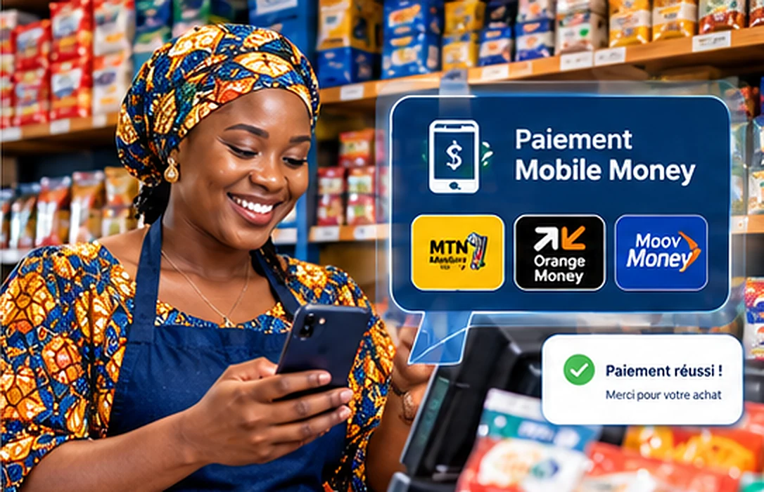 Commerçante souriante qui reçoit un paiement Mobile Money MTN, Orange ou Moov