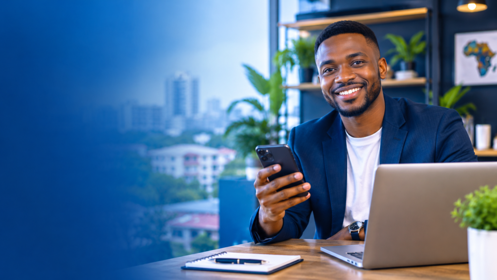 entrepreneur africain souriant devant son smartphone ou son ordinateur